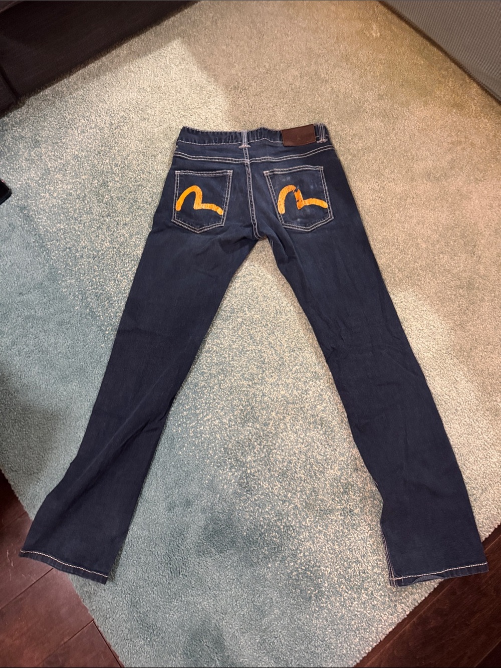 Evisu Korea Men's Dark Blue Slim Straight Jeans with Yellow Pocket Motif